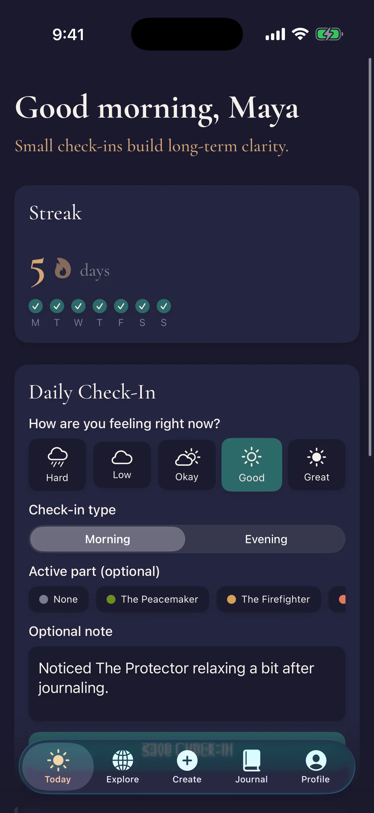 Imago app showing the Today screen with mood check-in and streak tracker