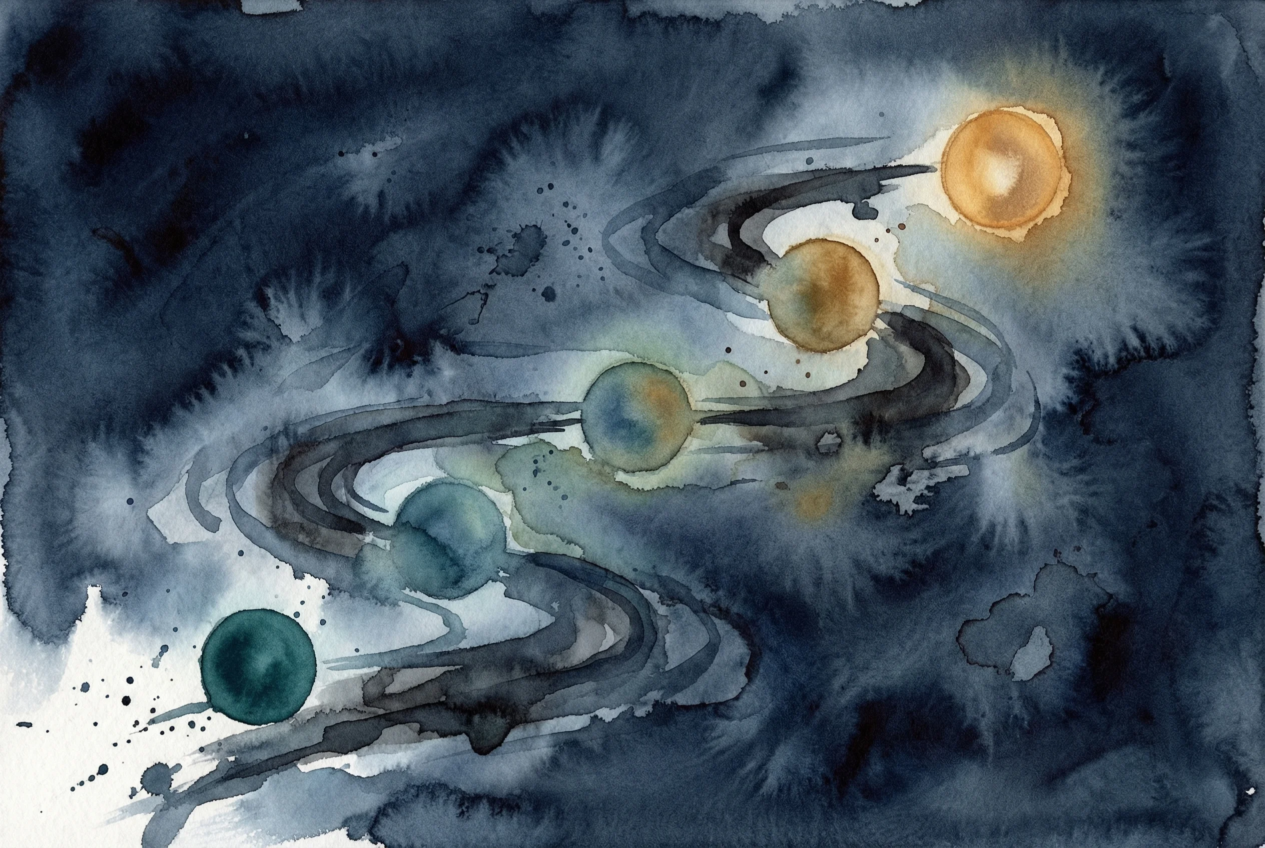 Abstract watercolor pathway with five glowing waypoints graduating from teal to amber