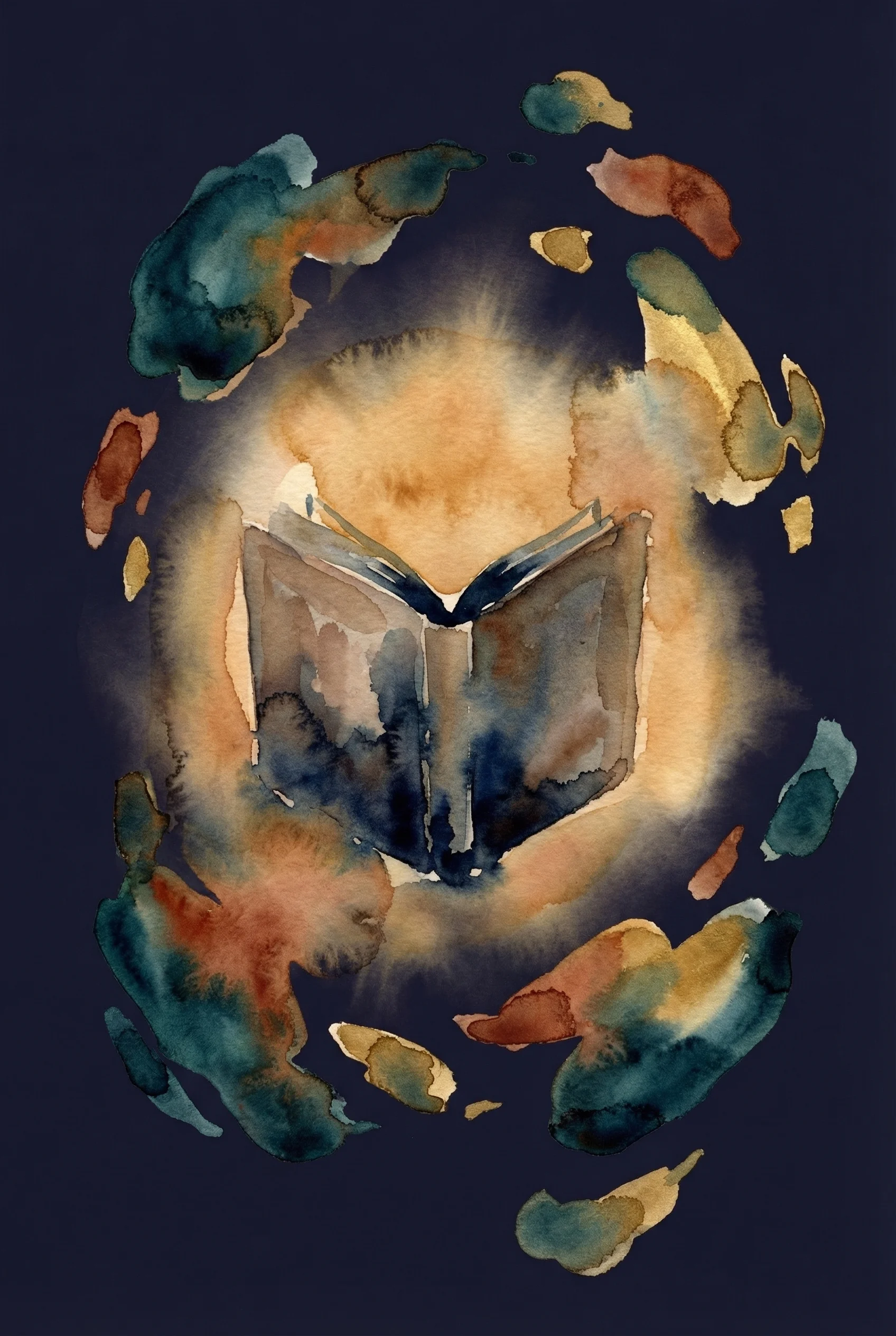 Abstract watercolor of warm light emerging from an open journal