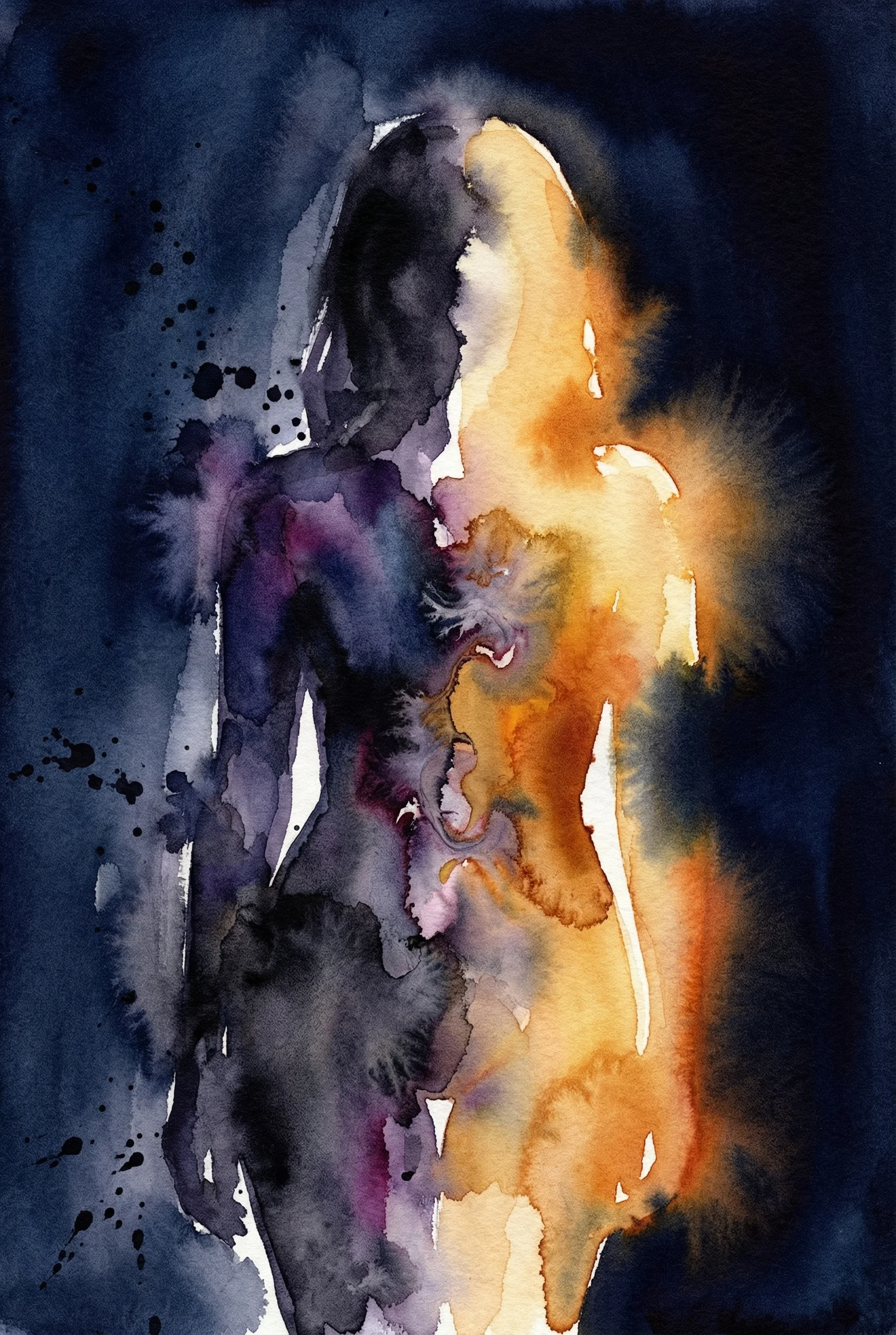 Abstract watercolor of a figure facing their shadow self in a mirror
