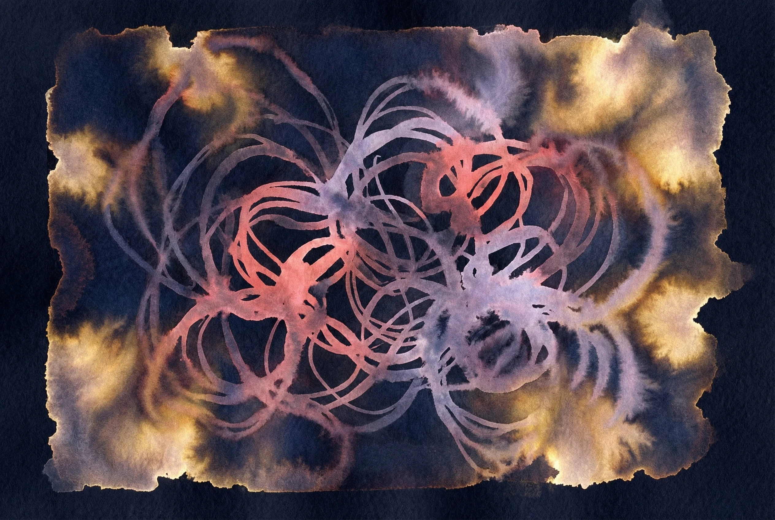 Abstract watercolor of tangled threads loosening into golden light, representing the unraveling of shame