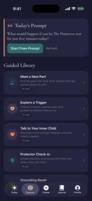 Explore screen showing Today's Prompt and Guided Library with sessions like Meet a Part and Explore a Trigger