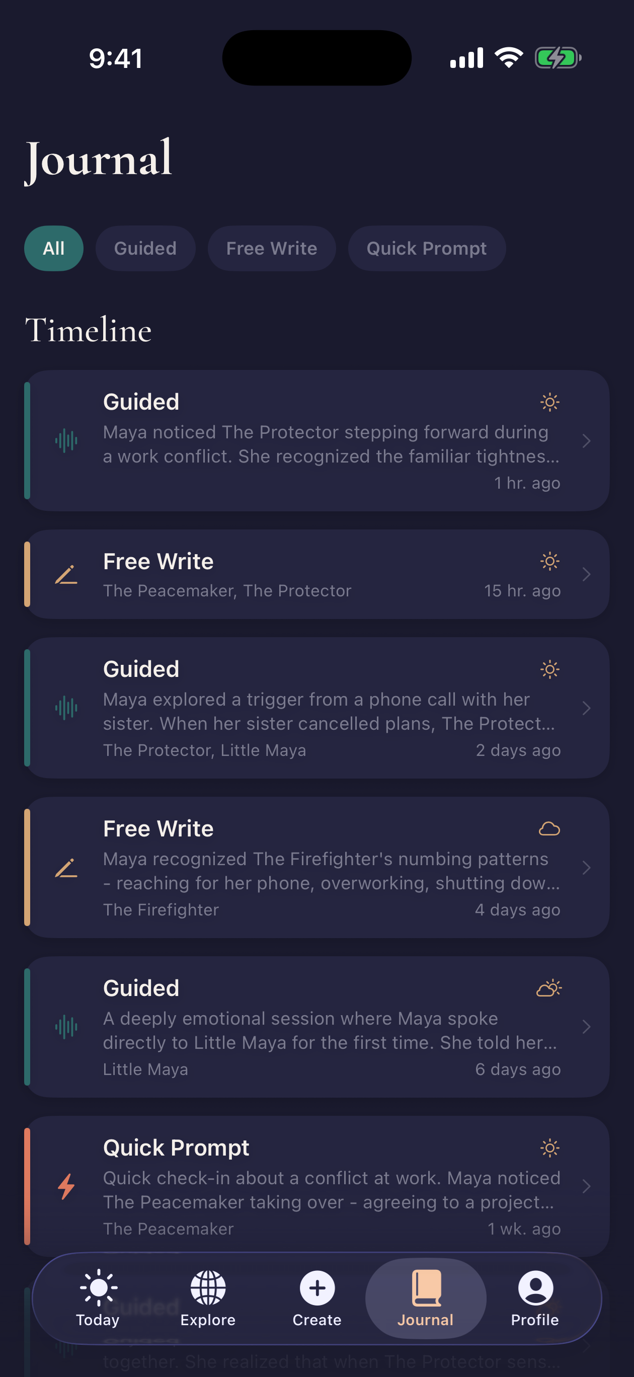Imago journal screen with entries and parts