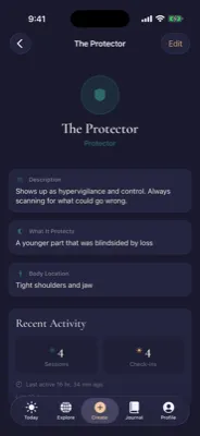 Part detail view showing The Protector with description, body location, and recent activity